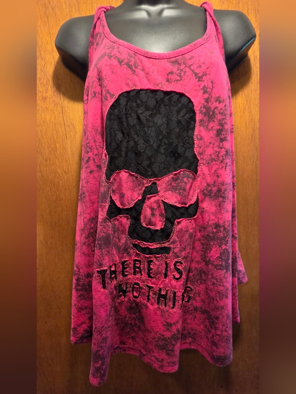 Other Mix Pink Tie-Dye Skull Tank Top with Black Lace Inset SzL - Picture 2 of 7